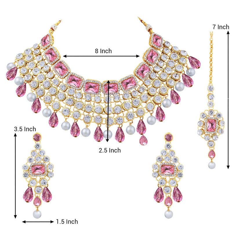 Aheli Kundan and Simulated Colored Stones Maang Tikka Necklace and Earrings Set Indian Festive Fashion Bharatanatyam jewellery set Gift for Women - Image 4